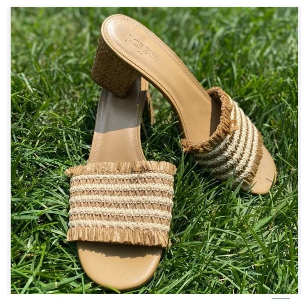 JCrew Womens Raffia Block Heel Sandals US 12 Tan Stripe Boho Beach Preppy Vacay